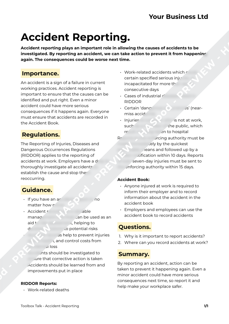 Accident Reporting Toolbox Talk Template HASpod