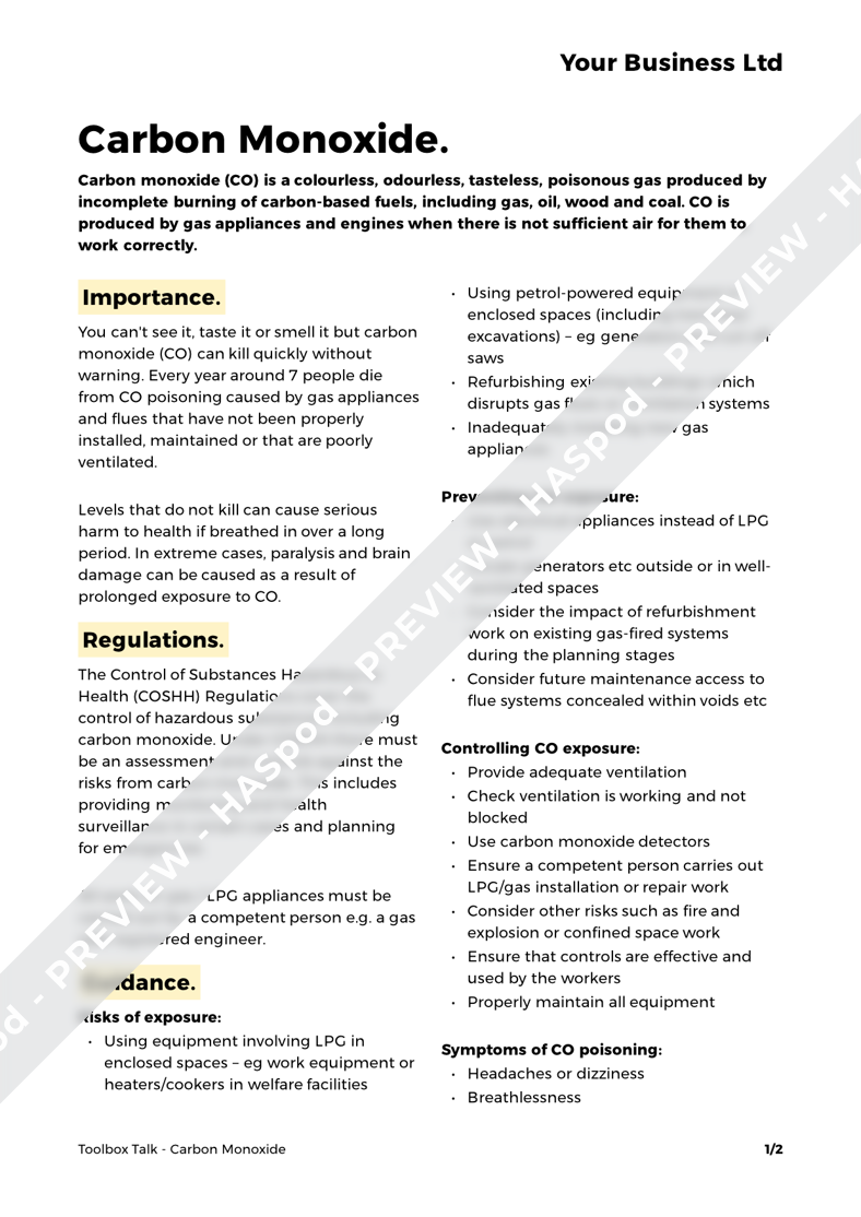 Carbon Monoxide Toolbox Talk Template - HASpod