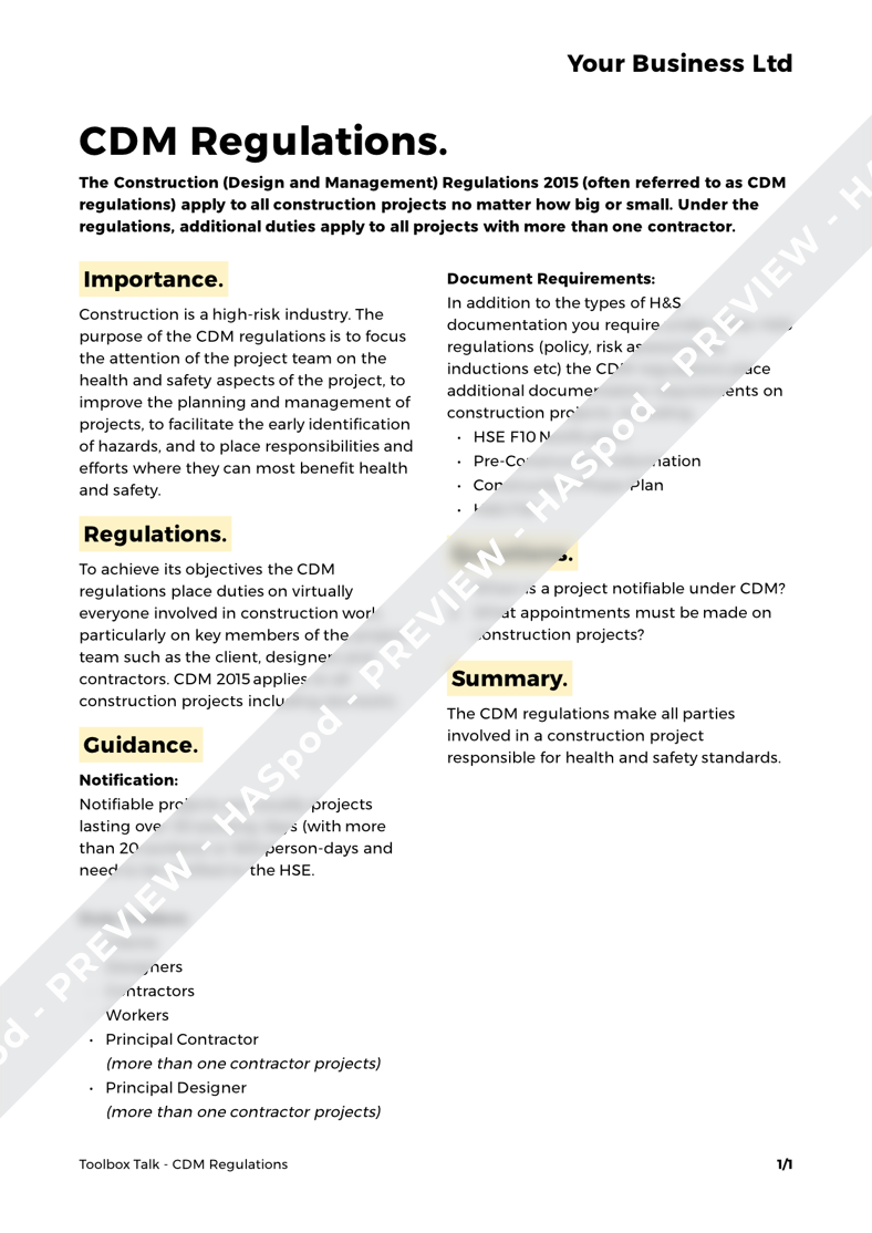 CDM Regulations Toolbox Talk Template HASpod