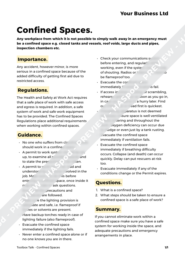 Confined Spaces Toolbox Talk Template HASpod