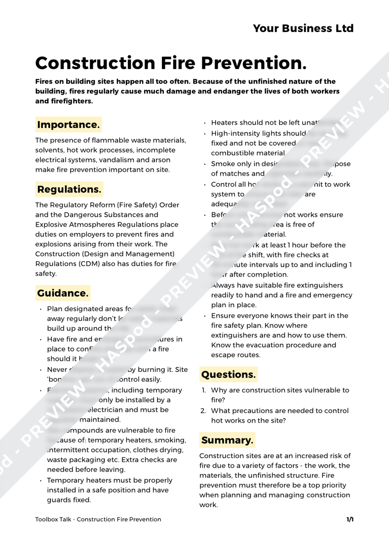 Construction Fire Prevention Toolbox Talk Template HASpod