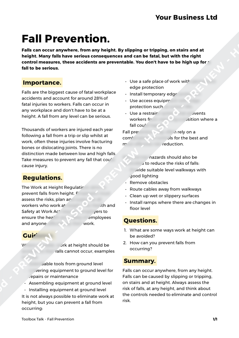 Fall Prevention Toolbox Talk Template HASpod