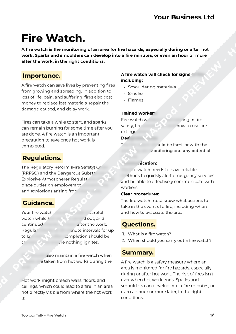 Fire Watch Toolbox Talk Template - HASpod