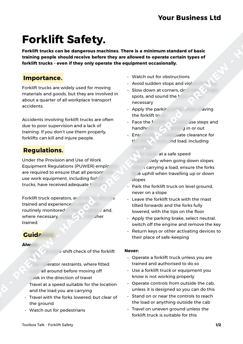 Forklift Safety Toolbox Talk Template HASpod