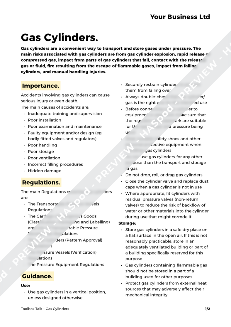 Gas Cylinders Toolbox Talk Template HASpod