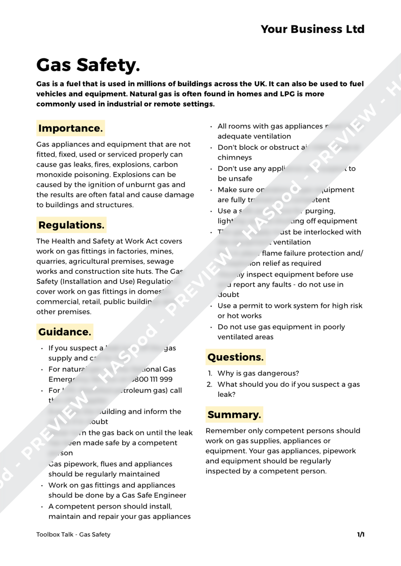 Gas Safety Toolbox Talk Template HASpod
