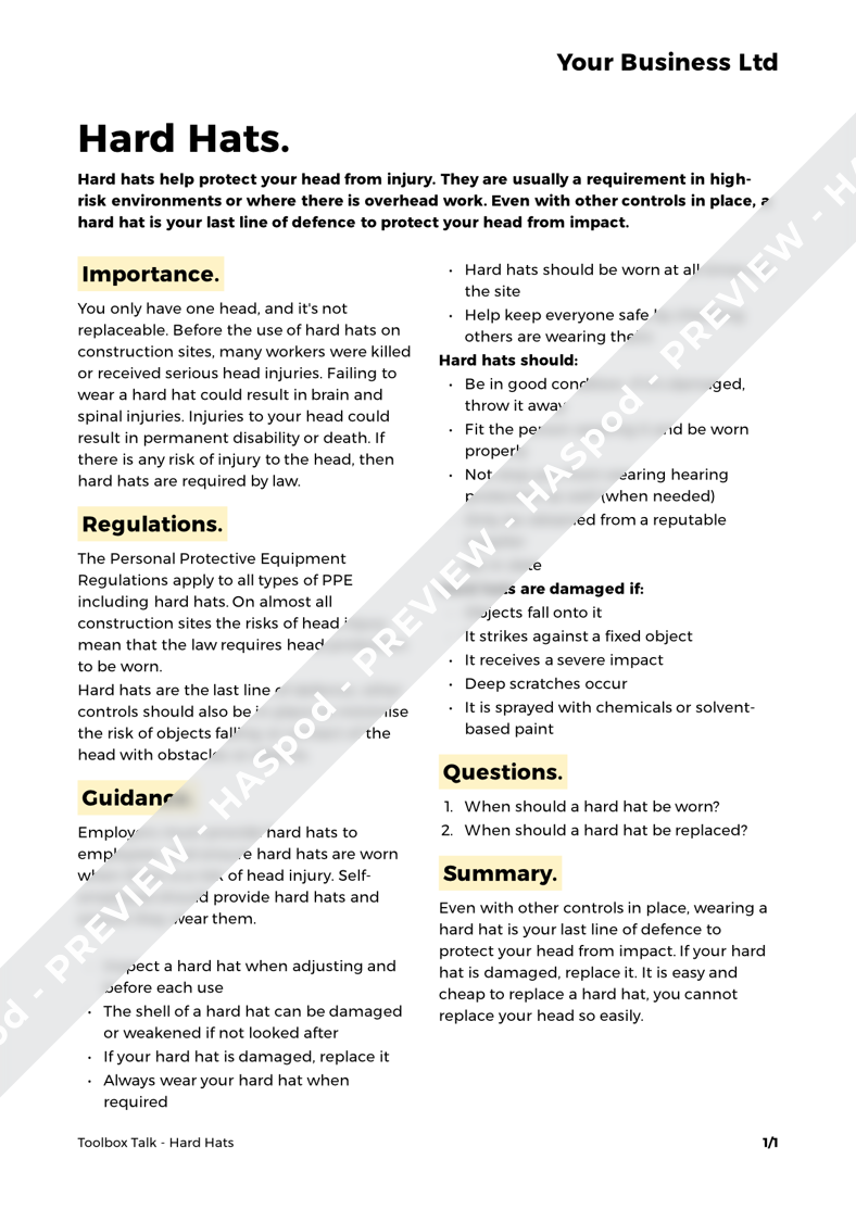 Hard Hats Toolbox Talk Template - HASpod