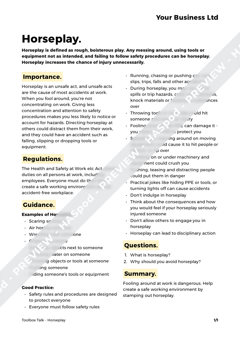 Horseplay Toolbox Talk Template HASpod
