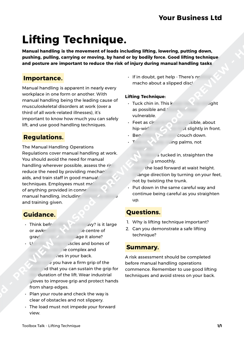Lifting Technique Toolbox Talk Template HASpod