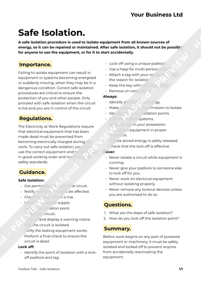 Toolbox Talk Safe Isolation image 1