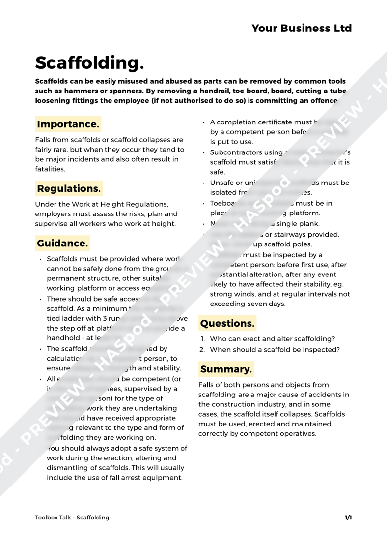 Free Scaffolding Toolbox Talk Template HASpod