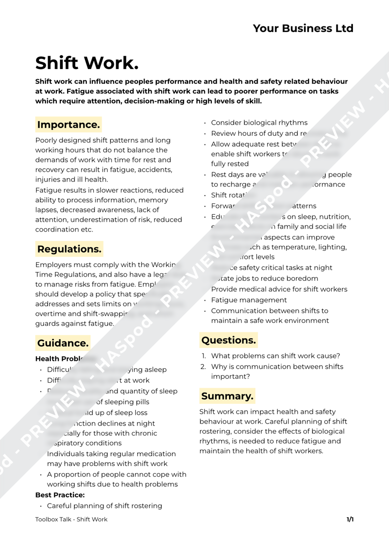 Shift Work Toolbox Talk Template - HASpod