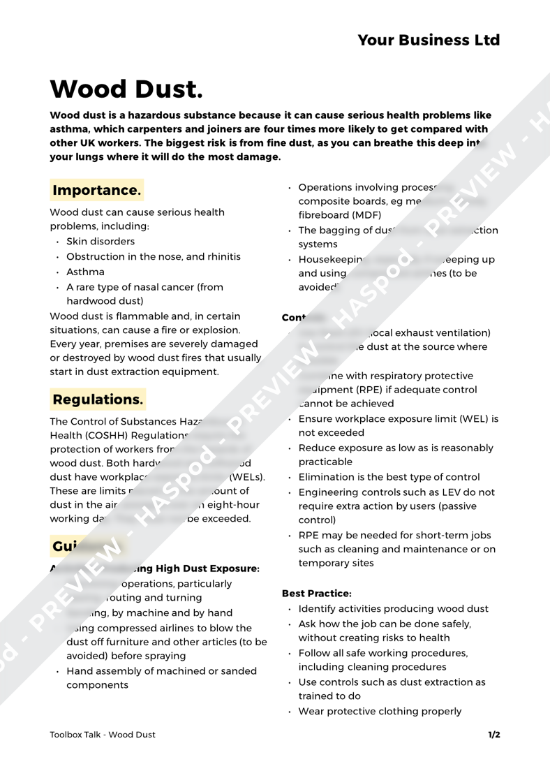 Wood Dust Toolbox Talk Template HASpod