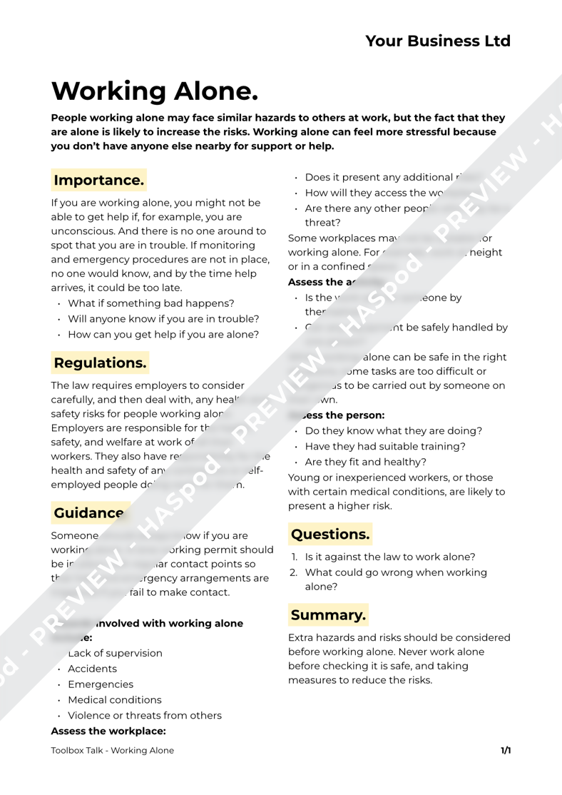 Working Alone Toolbox Talk Template - HASpod